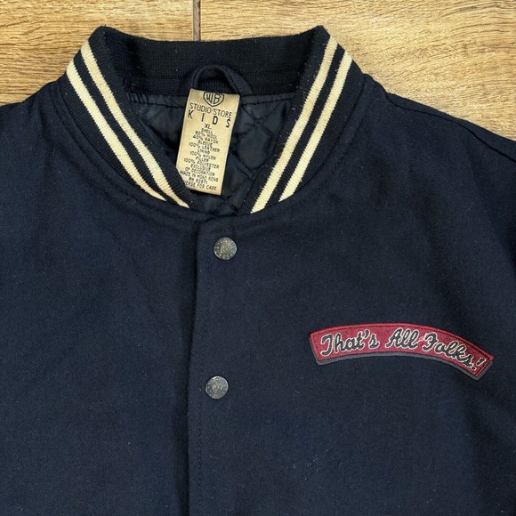 90s Warner Bros Studio Store Kids Wool Leather Varsity Jacket Blue Size XL - Picture 5 of 11